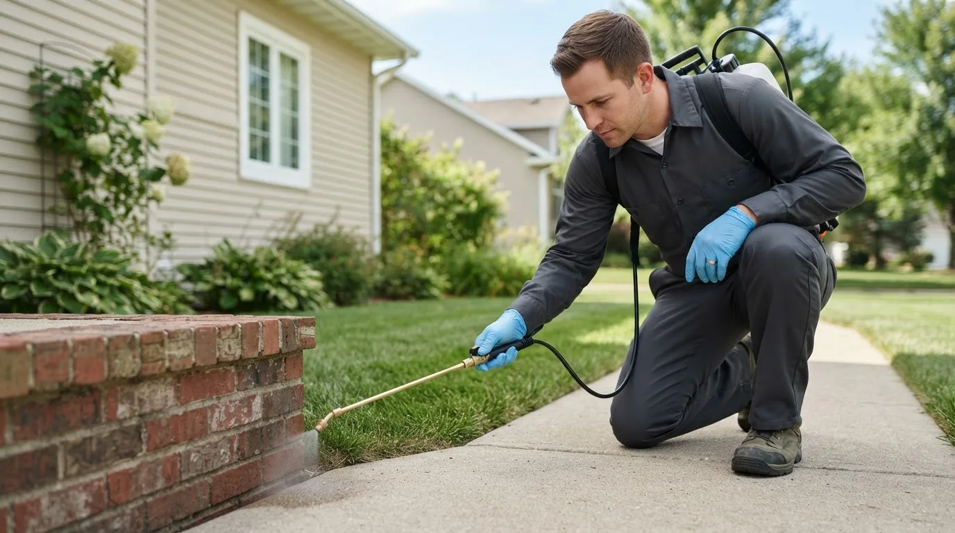 Pest control technician treating a home near Rogers, CT